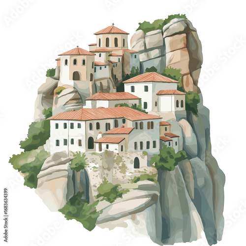 Meteora Monasteries. Meteora Monasteries watercolor vector illustration