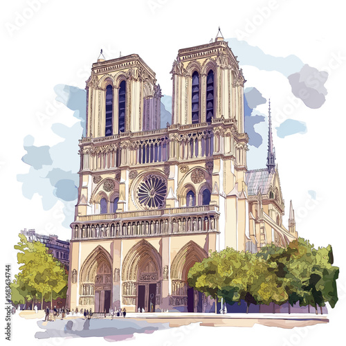 Notre-Dame Cathedral. Notre-Dame Cathedral watercolor vector illustration
