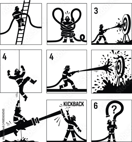 Firefighter hose training vector set showing safety instructions, handling mistakes, pressure control, and firehose kickback in cartoon style.