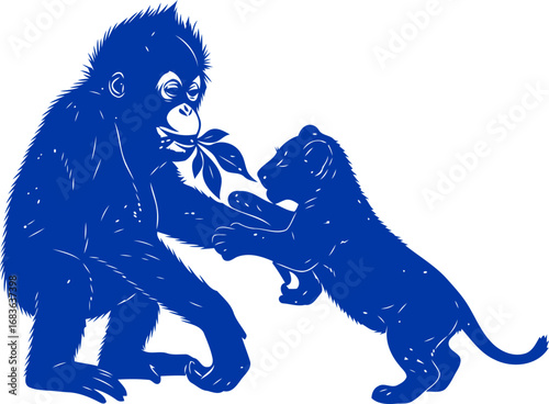 tender blue orangutan and lion cub silhouette a story of unexpected friendship, gentle sharing, and untamed bond, isolated on transparent background