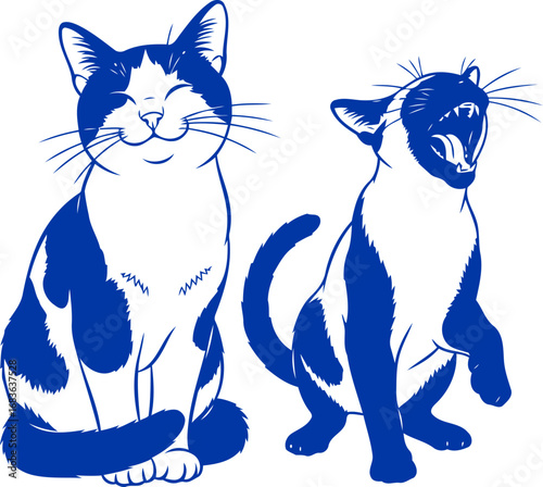 two blue cats a playful contrast of joy and yawning serenity, isolated on transparent background