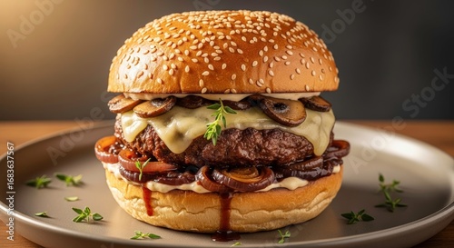 Gourmet hamburger with melted cheese, sautéed mushrooms, and smoky barbecue sauce on a toasted sesame seed bun, served on a gray plate with herbs