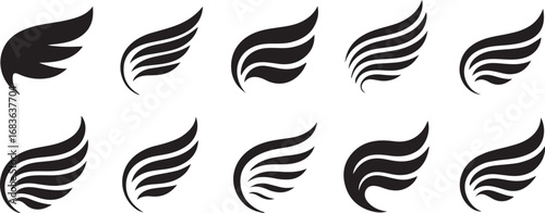 Wings set vector illustration with bird and feather design in black silhouette style. set of black wings icons, angel or bird wings