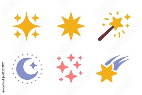 Celestial moon and star vector illustrations, magical sparkle elements set, fantasy night sky graphics, decorative cosmic art, mystical dreamy symbols
