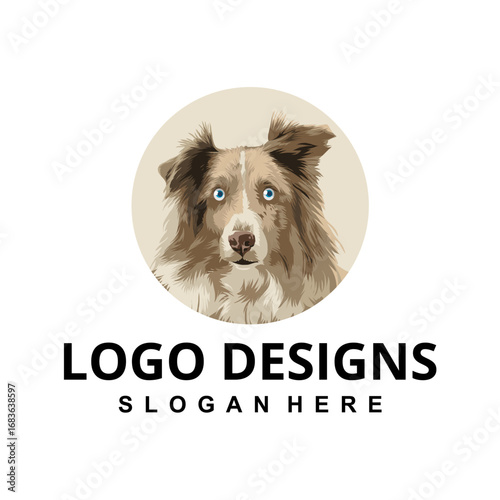 Portrait of a beautiful Australian Shepherd with blue eyes, a vector logo concept for a pet brand or veterinary clinic