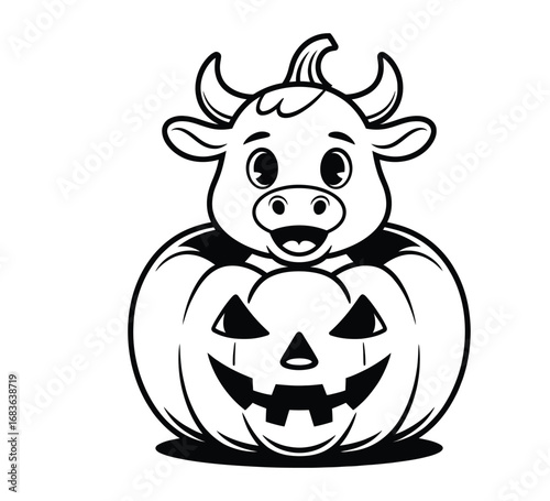 Baby bull inside pumpkin costume smiling in cute halloween black and white vector design
