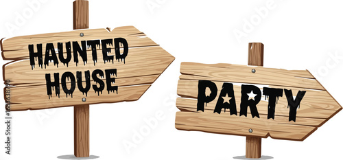 Directional signs point to a haunted house and party for halloween celebration