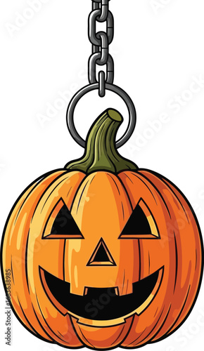 Cartoon halloween pumpkin lantern hanging from a chain on a white background