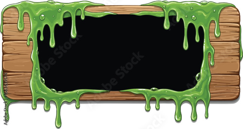 Wooden sign with dripping green slime and a black background for text or image