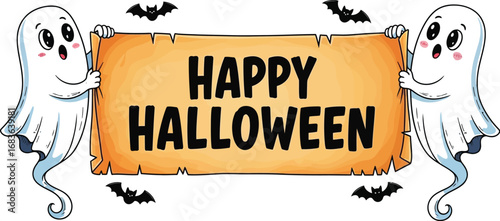 Two cute ghosts holding a happy halloween banner with bats on a white background