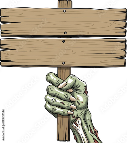 Zombie hand holding a blank wooden sign for halloween or horror themed designs