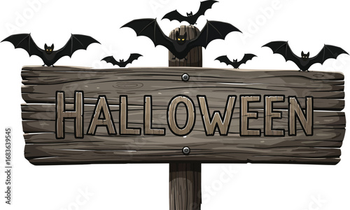 Halloween wooden sign with bats against a full moon spooky holiday decoration