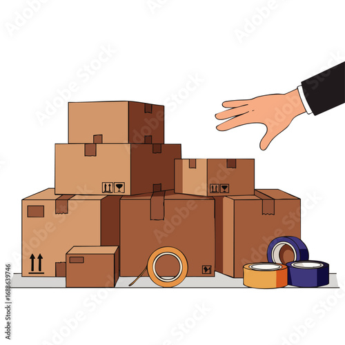 An efficient hand reaches for various cardboard boxes and packing tape, symbolizing modern e-commerce fulfillment and sustainable shipping operations.
