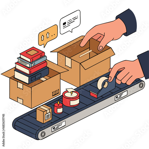 Streamlined e-commerce fulfillment operations, showcasing hands meticulously packing diverse products into eco-friendly boxes on a conveyor for efficient delivery.