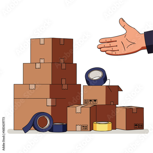 This illustration depicts efficient e-commerce fulfillment and sustainable logistics, showcasing the crucial process of packing orders for fast, eco-friendly delivery.
