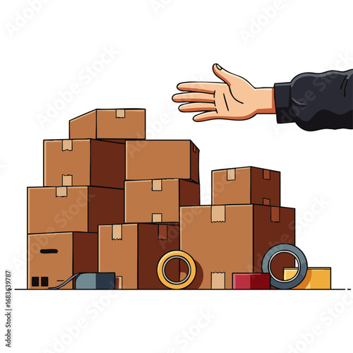 An illustrative depiction of efficient e-commerce order fulfillment, showcasing stacked shipping boxes, packing materials, and a hand ready for delivery.