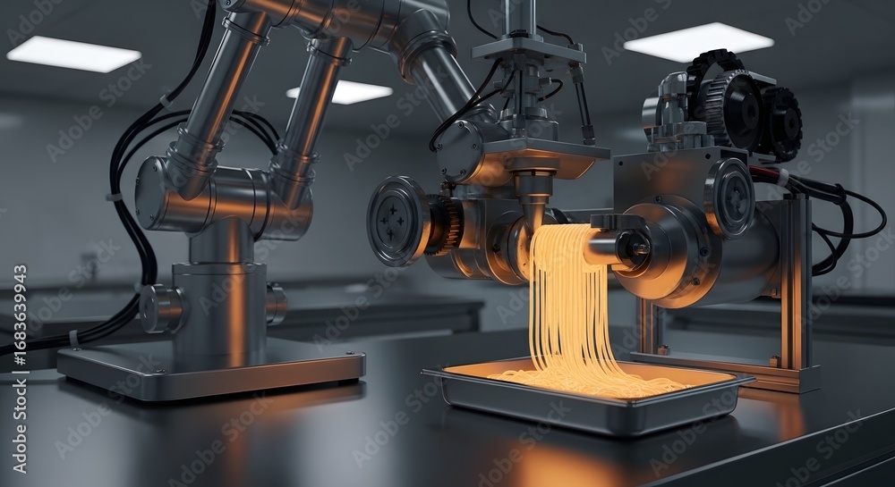 Fototapeta premium Robotic Arm Extruding Pasta into Tray in Factory Setting