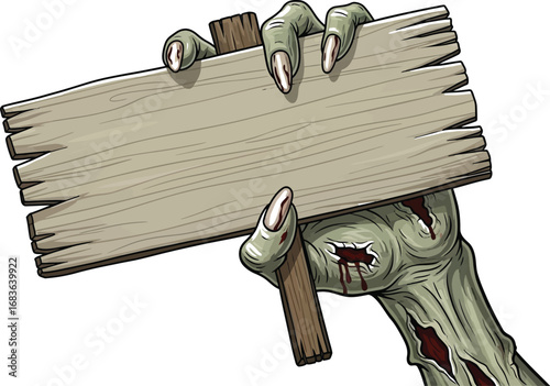 Zombie hand holding a blank wooden sign for halloween themed graphic design
