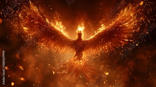 Fiery phoenix rising from flames with glowing wings in burning atmosphere