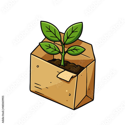 A vivid illustration showcases a healthy green plant sprouting from a brown kraft paper box, representing sustainable e-commerce fulfillment and responsible shipping.