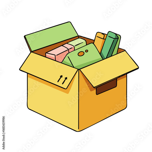 An open cardboard box, brimming with diverse products, perfectly illustrating efficient e-commerce fulfillment and sustainable, eco-friendly delivery practices.