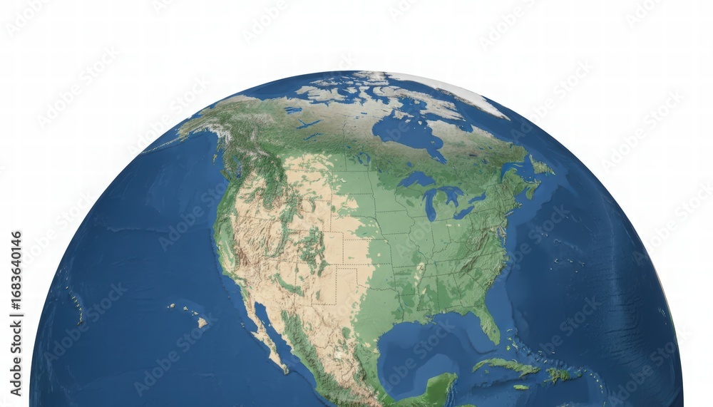 Fototapeta premium A detailed topographical map of North America, centered on the continent, showing landmasses and oceans.