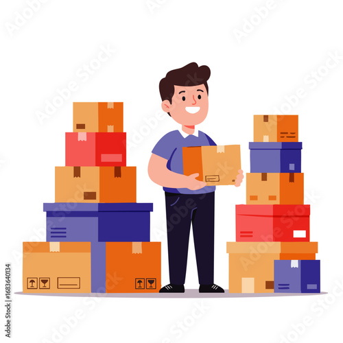A cheerful person efficiently manages a large volume of packages, symbolizing streamlined e-commerce fulfillment and reliable global delivery services.