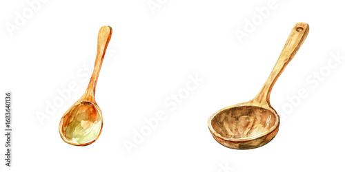 wood ladle watercolor vector illustration