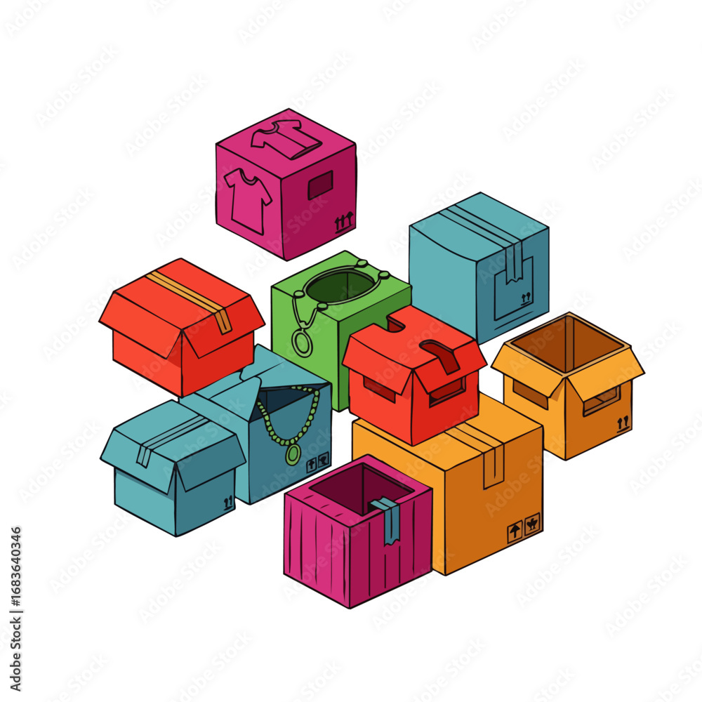 Fototapeta premium A vibrant isometric illustration showcases a diverse array of colorful shipping boxes, symbolizing modern e-commerce fulfillment and efficient global delivery operations.