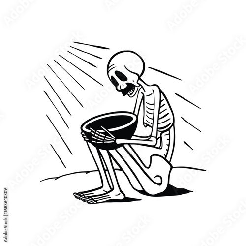 Skeleton begging for money.Empty Plate, Empty Life: Famine Concept Art