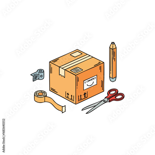 An illustration depicting essential tools for e-commerce packing and shipping, highlighting efficient order fulfillment and sustainable delivery practices.
