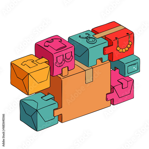 Vibrant graphic of a central shipping box with diverse, puzzle-like packages, symbolizing efficient e-commerce fulfillment and integrated logistics.
