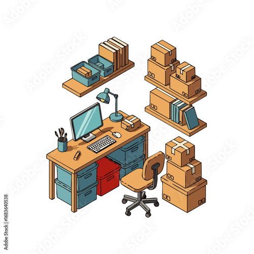 Isometric illustration of a modern small business e-commerce office setup with packing boxes, ready for efficient order fulfillment and sustainable shipping.