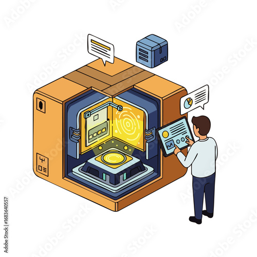 An entrepreneur manages efficient e-commerce order fulfillment and logistics using modern technology and smart warehouse automation for fast shipping.