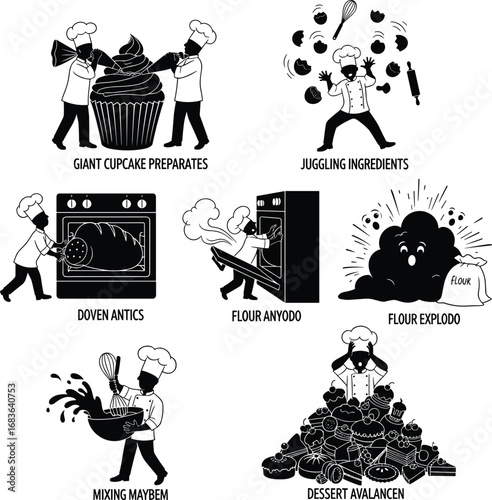 Funny Baking Clipart Set – Chaotic Chef Silhouettes, Kitchen Antics, Flour Explosions, Cupcake Avalanche, Cooking Humor Vector Art