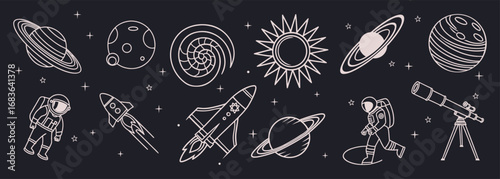Seamless cosmic pattern with rockets, astronauts, planets, satellites, and stars in doodle style. Dark background vector illustration for space, science, and digital design.