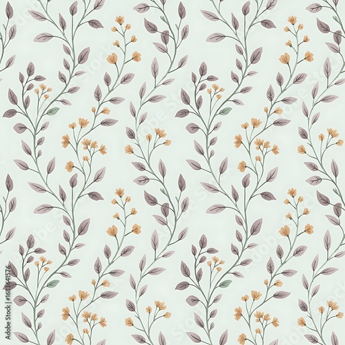 Soft delicate seamless botanical pattern featuring grey and pale yellow leaves and stems
