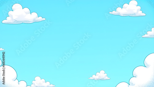 Cartoon blue sky with fluffy clouds.	Generative AI