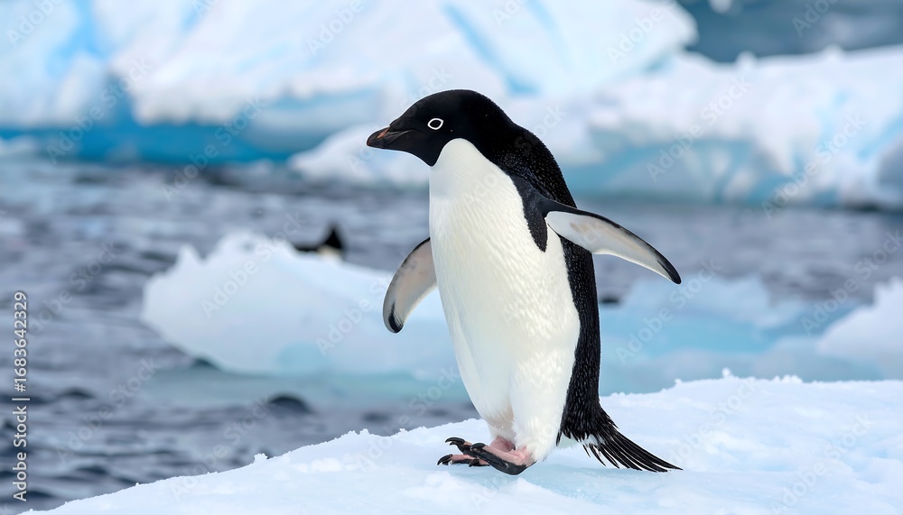 Obraz premium Majestic Adelie penguin stands proudly on a frozen expanse of ice, its black and white plumage contrasting beautifully against the pristine white snow and backdrop of turquoise water.