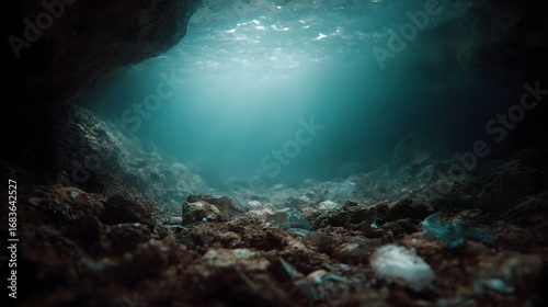 Wallpaper Mural Sunlight penetrates a murky underwater cave illuminating debris scattered across the rocky seabed highlighting a hidden pollution zone Torontodigital.ca