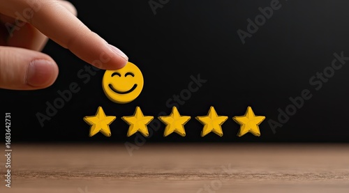 A hand places a smiley face atop a row of five gold stars