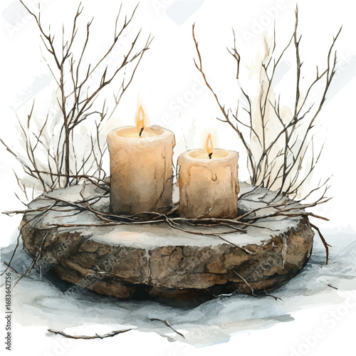 Winter Candlelight, watercolor illustration vector, isolated on a white background.