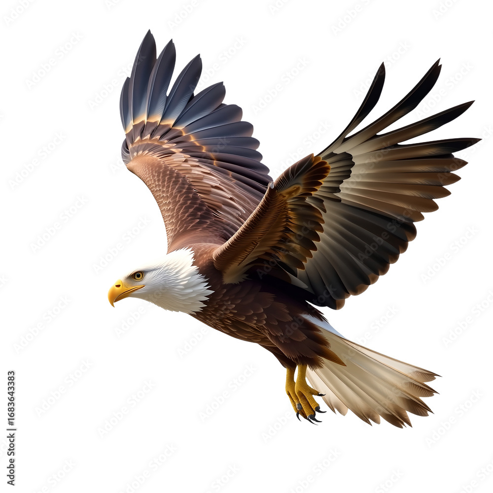 Fototapeta premium Majestic bird soaring with wings spread, brown feather, white head, yellow beak, powerful, wild, freedom