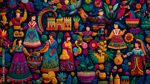 fondo creativo con tradiciones mexicanas personas con vestimenta colorida  tipica de la cultura de mexico ornamentos decoratrivos 