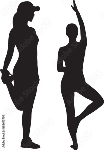 Silhouette vector illustration of two women exercising doing stretching and yoga poses on a transparent background