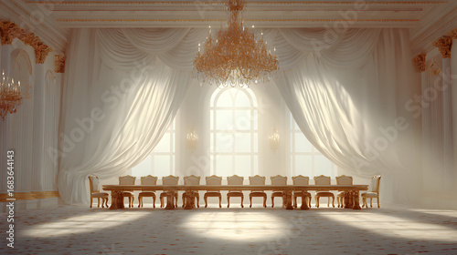 Fototapeta Naklejka Na Ścianę i Meble -  Empty banquet hall with long table and chairs, large window, and curtains.