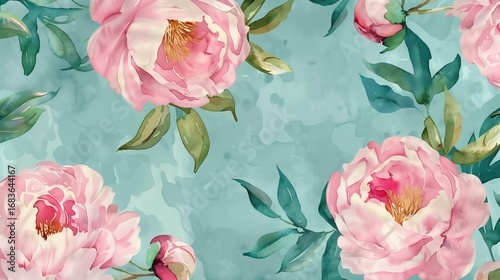Fototapeta Naklejka Na Ścianę i Meble -  watercolor pattern of lush pink peonies and green foliage, artistic hand-painted texture