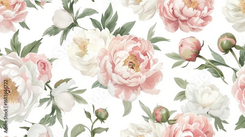 Fototapeta Naklejka Na Ścianę i Meble -  watercolor pattern of lush pink peonies and green foliage, artistic hand-painted texture