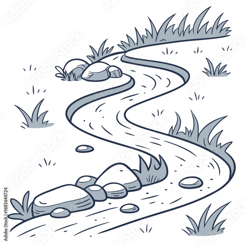 A charming hand drawn illustration of a winding stream flowing through a grassy landscape with rocks