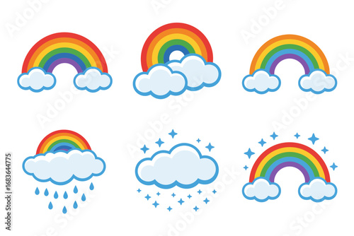 Decorative rainbow and cloud vector illustrations, colorful weather graphics set, cheerful sky design, whimsical nature art, bright seasonal elements